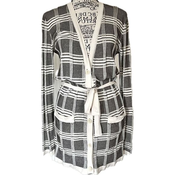 MaxMara Sweaters - MaxMara Size M Gray Check Buttoned V-Neck Cardigan Sweater Lightweight Pockets